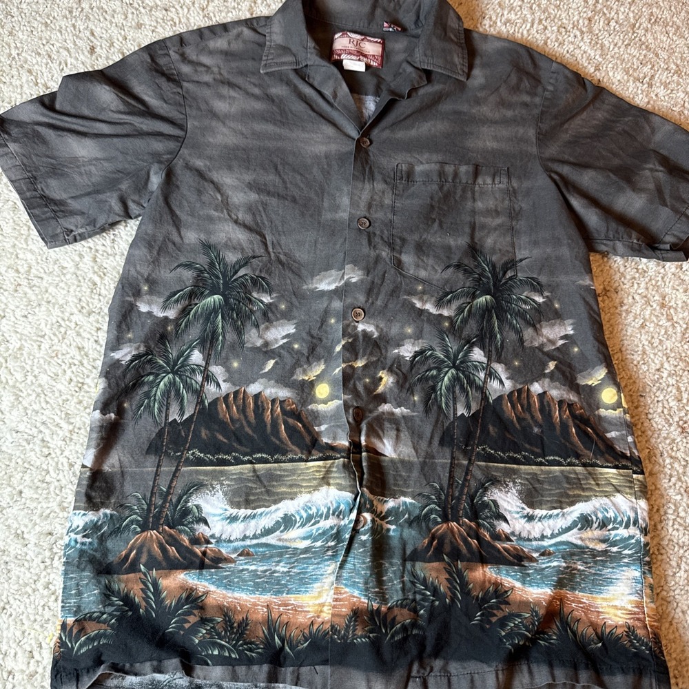 RJC Shirt Mens M Gray‎ Hawaiian Aloha Made in Hawaii USA Beach Palm Ocean Print